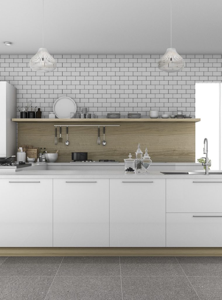 3d rendering nice tile kitchen with brick wall