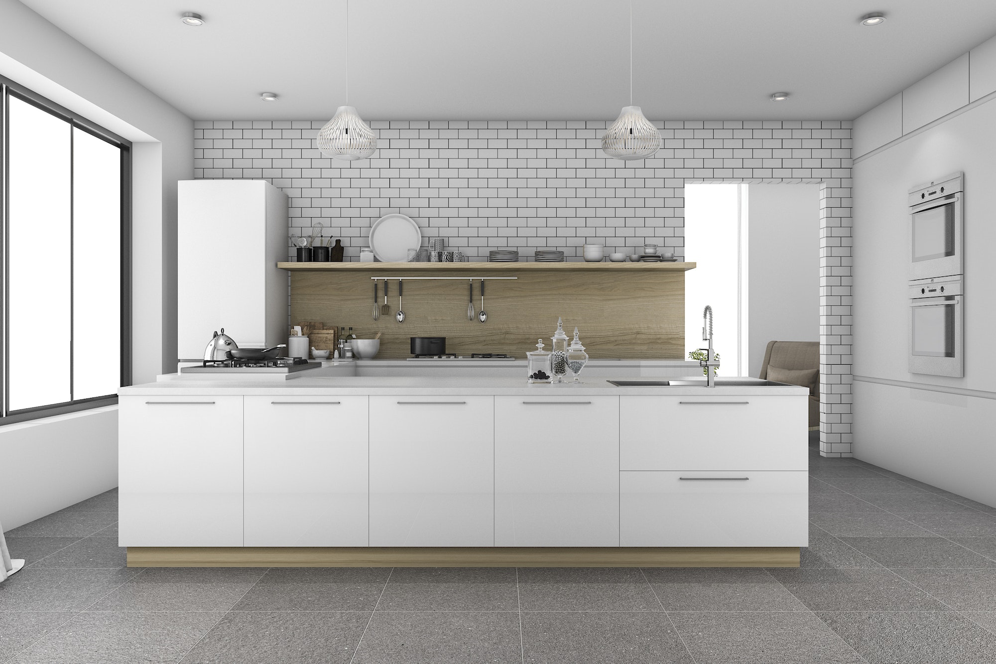 3d rendering nice tile kitchen with brick wall